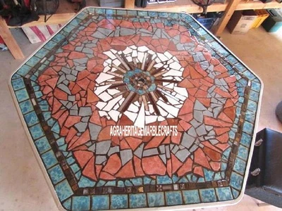 White Marble Breakfast Table Top Mosaic Marquetry Stones Inlay Garden Deco H3790 - Image 1 of 4