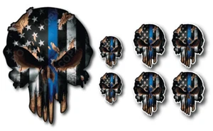 7 PK THIN BLUE LINE AMERICAN FLAG SKULL VINYL DECAL STICKER CAR TRUCK POLICE 3M - Picture 1 of 4
