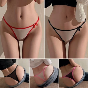 Women Low Waist Mesh See Through Thongs Sexy Mini Panties Bow G-String Briefs ↕ - Picture 1 of 29