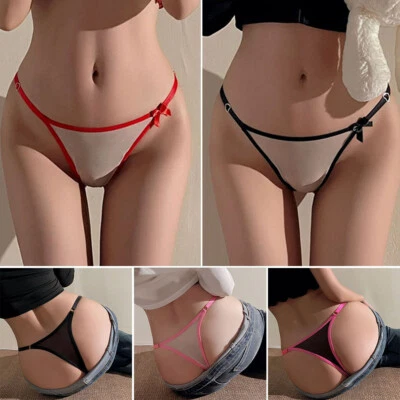 Women Low Waist Mesh See Through Thongs Sexy Mini Panties Bow G-String Briefs ↕ - Image 1 of 4