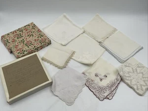 8 Antique Linen Embroidered Crochet Lace Hankies Handkerchief in Christmas Box - Picture 1 of 11