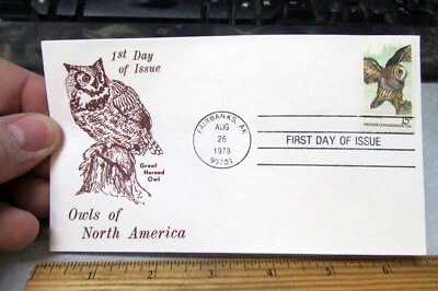 1978 Owls FDC first day cover USA stamped envelope, Fairbanks Alaska, Barred - Image 1 of 2