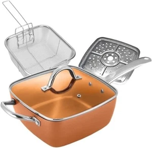 Copper Square Casserole Pan: 5 Piece Set 9.5" Stove and Oven Use, Recipe Book - Picture 1 of 3