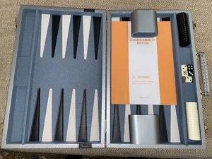Vintage Backgammon Set Gray Leatherette Case Dice Black And White Fun Game! - Picture 1 of 12