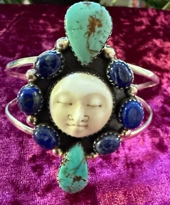 Indianer Sterlingsilber Armreif Armband mit geschnitztem Mondgesicht Lapislazuli - Bild 1 von 6