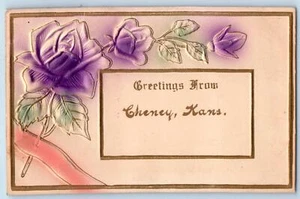 Postal de correspondencia de Kansas 1911 saludos de flor rosa de Cheney en relieve - Imagen 1 de 2