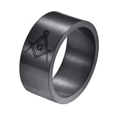 10MM Men's Black Masonic Wedding Band Ring Stainless Steel Freemason Biker Band - Image 1 of 3