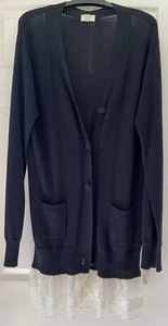 Anonymous By Ross & Bute M/12/14 Black Silk Wool Cashmere Long Cardigan Lace Hem - Picture 1 of 9