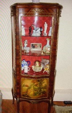 Antique French Vitrine Curio Display Cabinet w/ French Vernis Martin Gilt Bronze Cover
