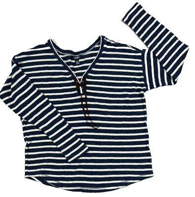 Chaps S -M Womens Striped T-Shirt Top Blue White Cotton Knit Nautical Lace Up - Image 1 of 4