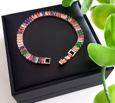 Edles Zirkonia TENNIS ARMBAND 925 Silber Baguette BUNT Armkette Armreif ROSEGOLD - Bild 1 von 4