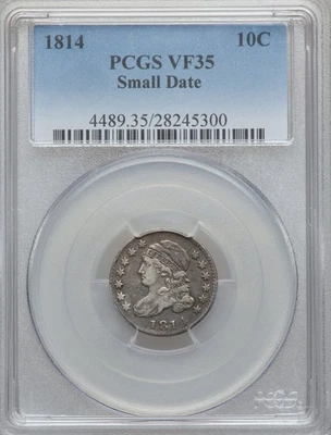 Монета номиналом 10 центов 1814 с маленькой датой и крышкой PCGS VF-35 - Изображение 1 из 2