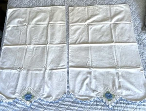 Vintage Pair Blue Floral Crocheted Edge Pillow Cases Hand Made 30” x 19.5” - Picture 1 of 7