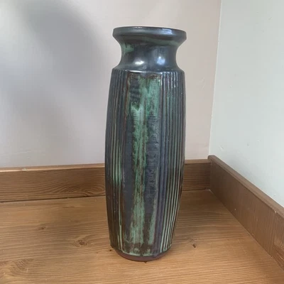 Vintage Llangollen Studio Pottery Vase Made In Wales Tall Green Black Glaze 70s - Image 1 of 4