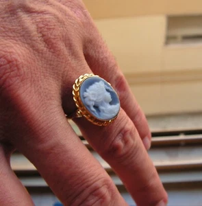 Antique Vintage Art Nouveau Silver Gold Carved Petrol blue agate CameoRing 8 - Picture 1 of 10