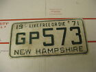 1971 71 New Hampshire NH License Plate GP573 Live Free Or Die