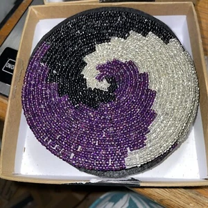 6 Tahari Glass Beaded Coasters Black Silver Purple New Year 5” - Picture 1 of 2
