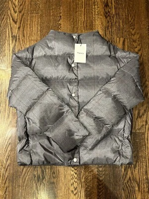 $455 Theory Glen Chaqueta A Cuadros Cuello Alto ABAJO PUFFER Mujer Pequeña Gris Multi Foto 1 de 4