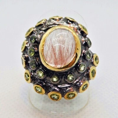 Cabochon Rutil Quarz Peridot Ring 925 Black Rhodium 585 GG vergoldet 18,8 mm 59 - Bild 1 von 4
