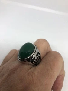 Vintage Stainless Steel Genuine Green Crysoprase 9.25 Men's Crown Ring - Picture 1 of 5