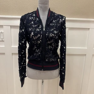 NWT Lucy Paris Embraces Lace Bomber Jacket Size:S NavyBlue Floral Unique Fashion - Picture 1 of 19