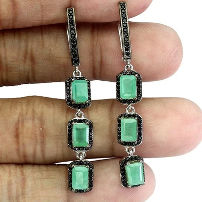 925 Sterling Silver Earrings Octagon Emerald 6x4mm Spinel Gemstone Jewelry - Image 1 of 4