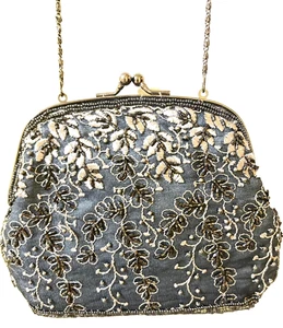 Vintage Purse Evening Cocktail Clutch Seed Beads Kiss Lock Gray Blue Chain - Picture 1 of 14