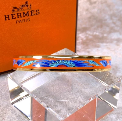 Brazalete Brazalete Vintage Hermes Naranja Esmalte Brasil Pluma Borde Dorado 65 con Caja Foto 1 de 4