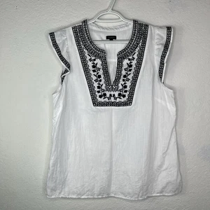 Talbots White Linen Cotton Blend Blouse Black Embroidery Size L, Boho, Summer - Picture 1 of 8