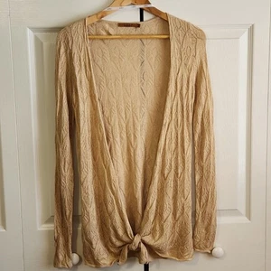 Belldini Women's Tan Gold Thread Cardigan Size SM Lightweight Tie Waist Neutral - Picture 1 of 11