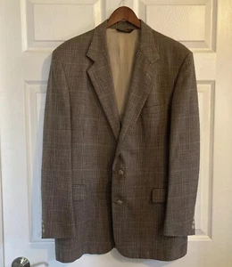 Orvis Blazer Mens 44 L Tan Brown Red Blue Plaid Zipped Pocket Wool Silk USA Made - Picture 1 of 12