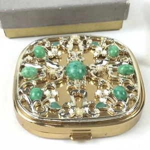 Vintage Evans Gold Tone Jadeite Rhinestone Loose Powder Compact Makeup Mirror - Picture 1 of 5