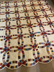 Vintage Double Wedding Ring Quilt Handmade Cotton 87x73” Excellent! - Picture 1 of 17