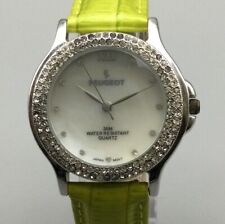 Peugeot Watch Women Silver Tone MOP Dial Pave Bezel Green Leather New Battery 