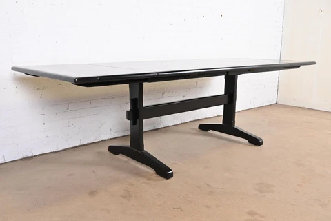 Ethan Allen Black Lacquered Pine Trestle Base Farmhouse Extension Dining Table Cover