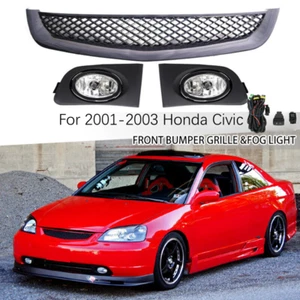 Fits 2001-2003 Honda Civic Sedan Front Mesh Grille & Clear Lens Fog Lights Lamps - Picture 1 of 18