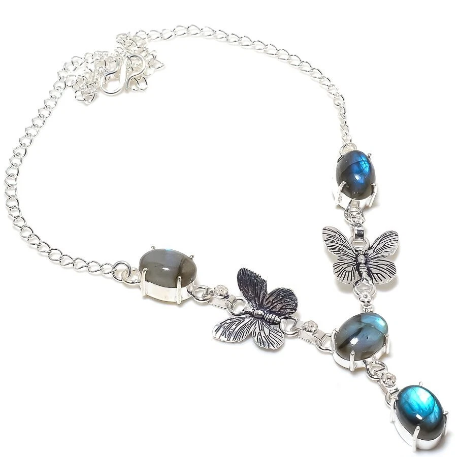 Collar de joyería hecha a mano de plata de ley 925 con piedras preciosas de labradorita tamaño 18" Foto 1 de 1