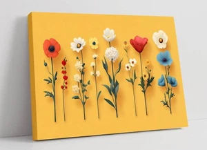 FLOWERS ON YELLOW BACKGROUND FLORAL -DEEP FRAMED CANVAS WALL ART PICTURE PRINT - Picture 1 of 2