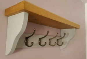 Coat Rack+Shelf Floating Rustic Handmade 4 Double Hooks - Picture 1 of 10