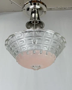 Vtg Art Deco MCM Semi Flush Mount Ceiling Fixture Pink Glass Atomic 1940s 1950s - Picture 1 of 21