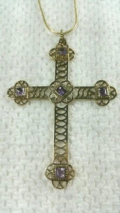 DESIGNER ALUMA AMETHYST CROSS 18/14k GOLD PLATE STERLING SILVER PENDANT NECKLACE - Picture 1 of 10