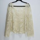 Womens Ivory Beige Embroidered Long Sleeve Top Blouse Open Netting Sz M Leaves
