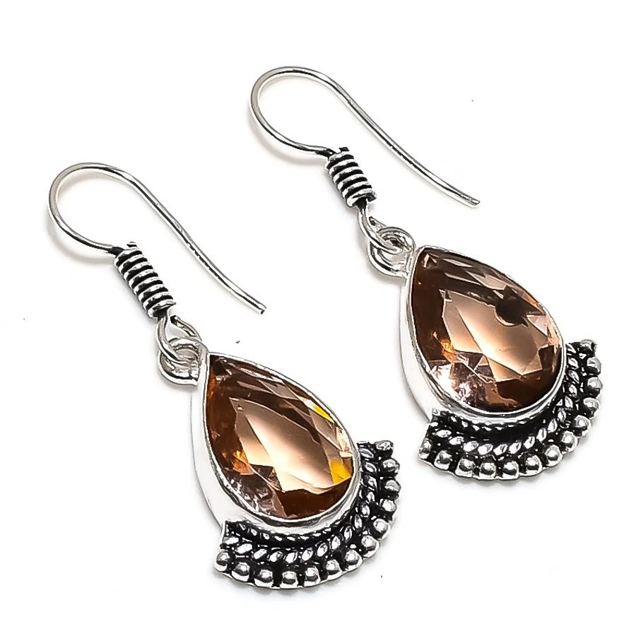 Peach Morganite Gemstone Handmade 925 Sterling Silver Jewelry Earring Size 1.45" - Image 1 of 1