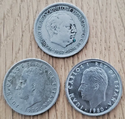 Lot of 3 RARE Spain 5-Pesetas Coins (1957, 1975, 1980) FREE SHIPPING - Image 1 of 2