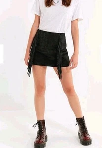 Urban Outfitters Cow Leather Suede Fringe Mini Skirt Western Cowboy Black Size 6 - Picture 1 of 14