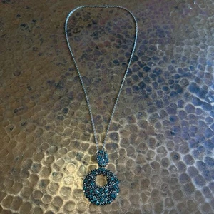 Green Rhinestone Pendant Necklace Round Silver - Picture 1 of 4