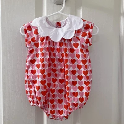 Jacadi Paris Scallop Collar Pink Red Heart Bubble Romper Girls Size 6 Months - Image 1 of 4