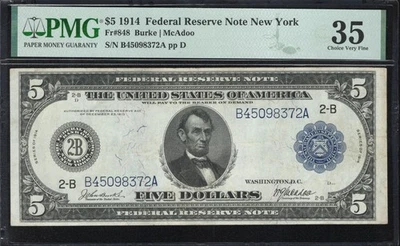 1914 $5 NEW YORK FRN FEDERAL RESERVE NOTE PMG 35 Fr 848 - Image 1 of 2