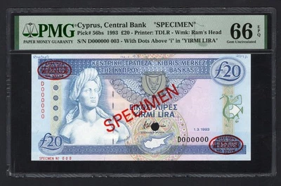 Cyprus 20 Pounds 1-3-1993 P56bs "Specimen N.003" Uncirculated Grade 66 - Image 1 of 2