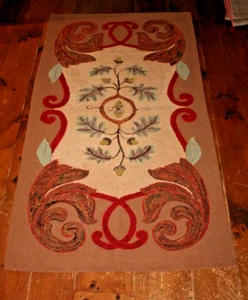 "Antigua alfombra americana enganchada otoño bellota pino textil multicolor hecha a mano 70x36" - Imagen 1 de 24
